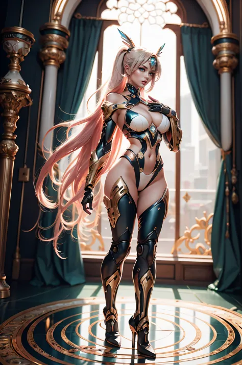 (((full body shot))), ((Top Quality, 16k, Masterpiece: 1.3)), photorealistic, extremely detailed CG unity 8k wallpaper, Depth of field, Cinematic Light, photorealistic, 3D, UHD, intense lighting, lens flare, woman in a futuristic outfit posing for a pictur...
