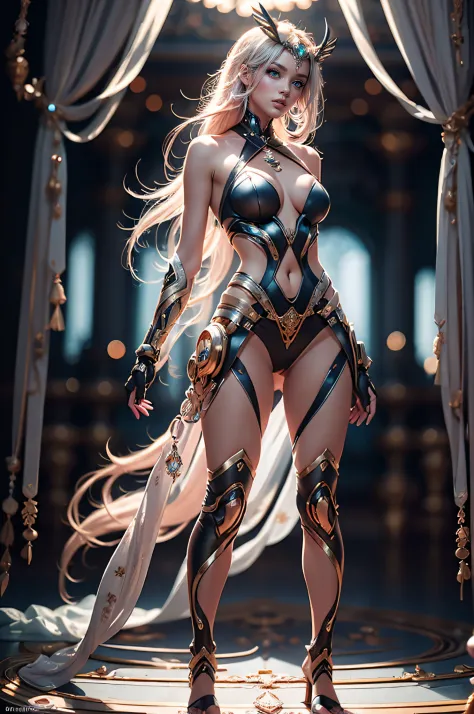(((full body shot))), ((Top Quality, 16k, Masterpiece: 1.3)), photorealistic, extremely detailed CG unity 8k wallpaper, Depth of field, Cinematic Light, photorealistic, 3D, UHD, intense lighting, lens flare, woman in a futuristic outfit posing for a pictur...