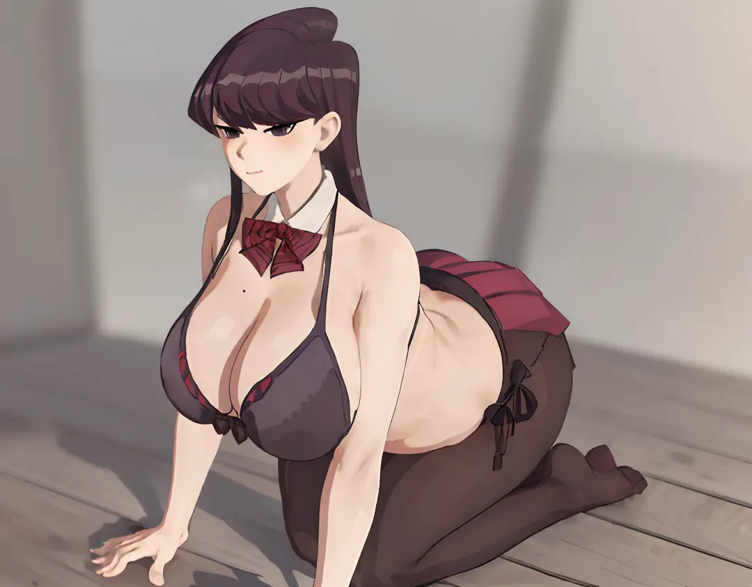 green eyes,(Bikini:1.6)realistic shaded perfect body, commission for high res, [ 4 k digital art ]!!,((komi shouko)), 1girl, bangs, black pantyhose, blush, bow, bowtie, breasts, closed mouth, highres, long hair, looking at viewer, medium breasts, ,purple e...