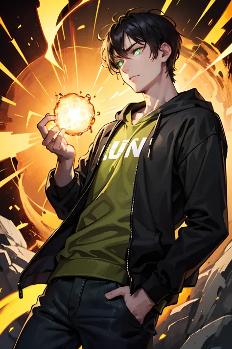 a young man in a black sweatshirt and black jeans, black hair, pale skin, glowing bright green eyes, golden sparks around, magic