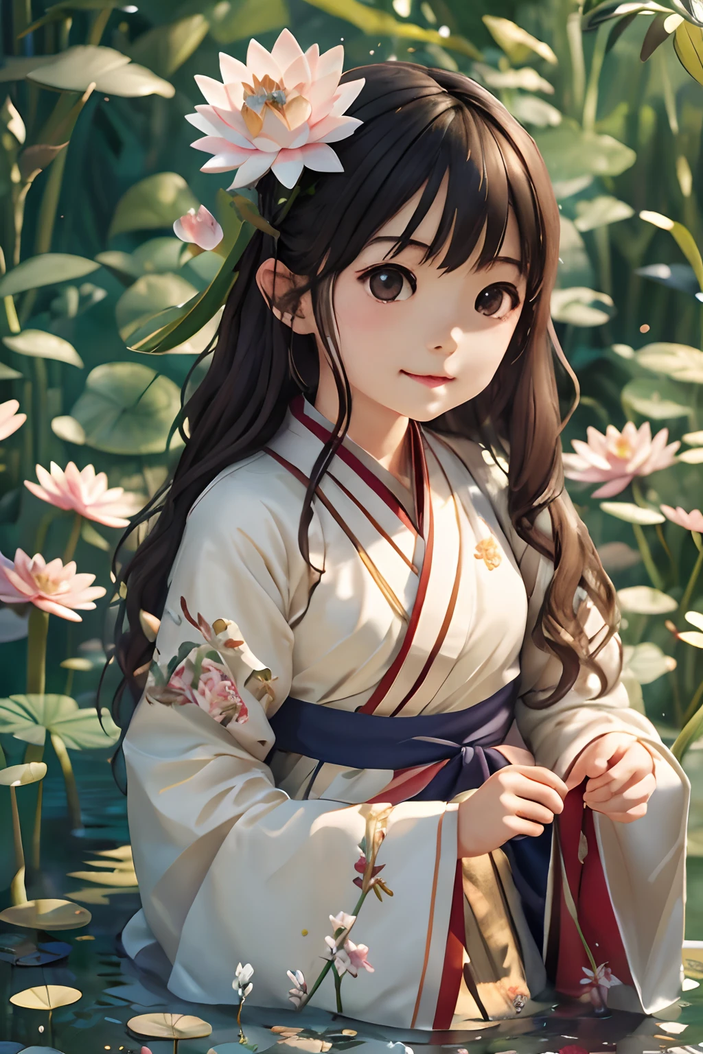 （best qualtiy，tmasterpiece，Hyper-realistic），1 beautiful and delicate portrait of a girl，Playful and cute，Hanfu, Moon,Chao yang, sonoko, Bamboo, water lily,(illustration: 1.0), Epic composition, Realistic lighting, HD details, Masterpiece, Best quality, (Very detailed CG unity 8k