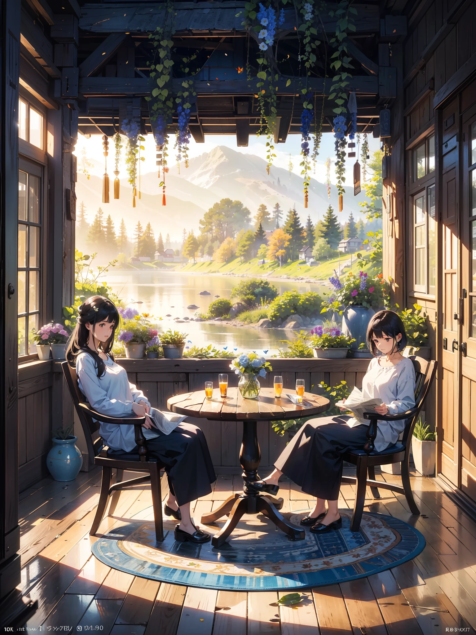 (best quality,4k,8k,highres,masterpiece:1.2),ultra-detailed,(realistic,photorealistic,photo-realistic:1.37),romantic landscape,flowers,hut,stream,Dreamy,chairs,table, newspaper on table,illustration,wooden texture,tranquil atmosphere,soft morning light,natural colors,vibrant flowers,peaceful surroundings,subtle reflections,misty air,majestic mountains,sparkling stream,butterflies fluttering around,serene ambiance,gentle breeze,carefully detailed flowers and leaves,comfortable chairs,crisp newspaper neatly folded,harmony between nature and human presence