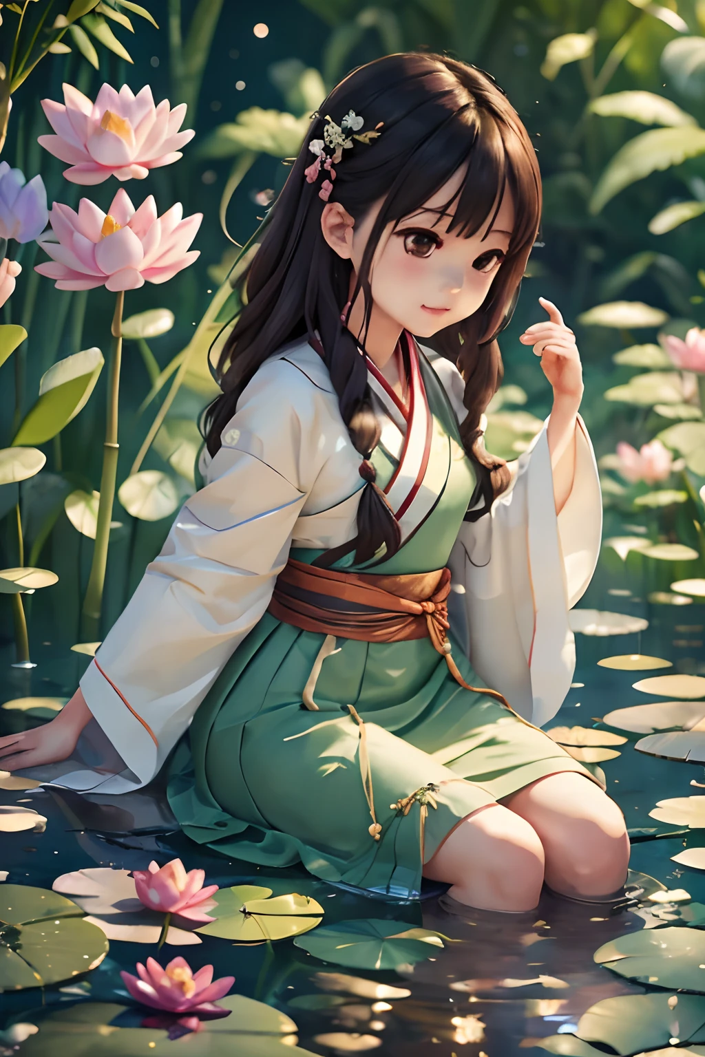 （la mejor calidad，obra maestra，Híper realista），1 niña hermosa y delicada，cuerpo completoesbiano，Juguetón y lindo，hanfu, luna,chao yang, sonoko, bambú, lirio de agua,(ilustración: 1.0), composición épica, Iluminación realista, detalles en alta definición, obra maestra, mejor calidad, (Unidad CG muy detallada 8k