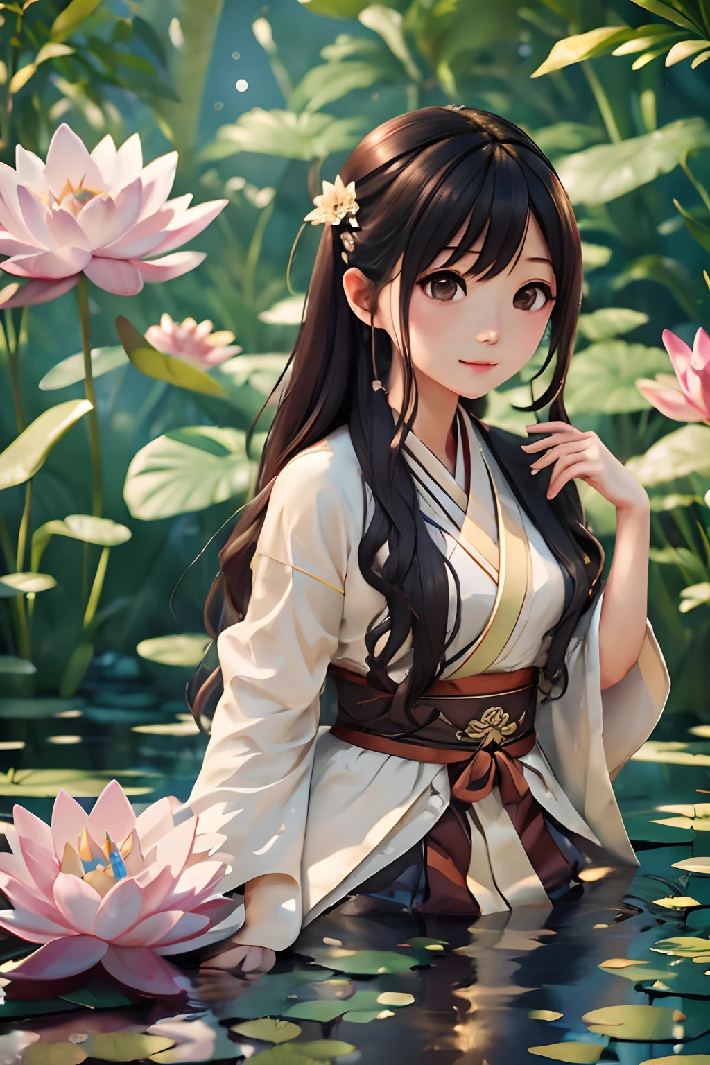 （best qualtiy，tmasterpiece，Hyper-realistic），1 beautiful and delicate girl，full bodyesbian，Playful and cute，Hanfu, Moon,Chao yang, sonoko, Bamboo, water lily,(illustration: 1.0), Epic composition, Realistic lighting, HD details, Masterpiece, Best quality, (Very detailed CG unity 8k