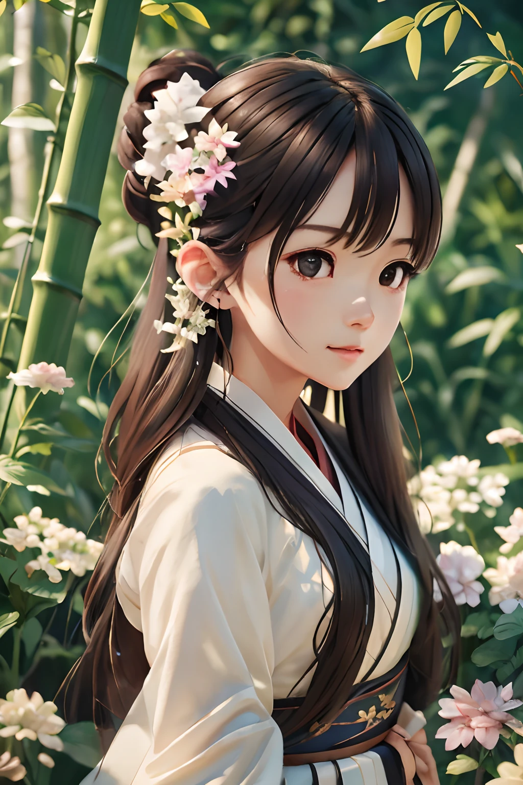 （la mejor calidad，obra maestra，Híper realista），1 niña hermosa y delicada，cuerpo completoesbiano，Juguetón y lindo，hanfu, chao yang, sonoko, bambú, hydrangeas,(ilustración: 1.0), composición épica, Iluminación realista, detalles en alta definición, obra maestra, mejor calidad, (Unidad CG muy detallada 8k