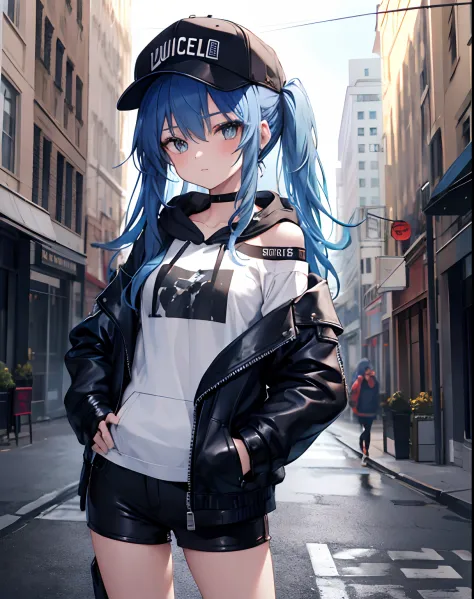 masterpiece,1girl,solo,long hair,blue hair,hoodie,off shoulder:1.2, mob cap, street,hand on hip, hand in pocket,leather jacket,