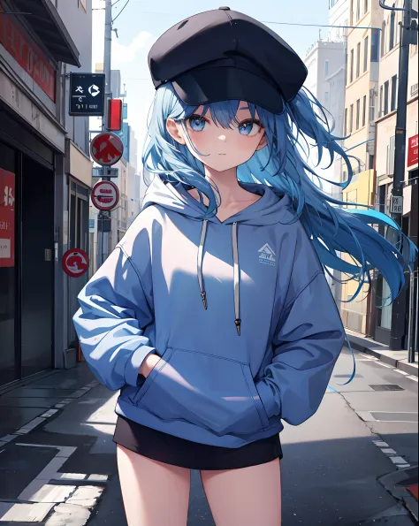 masterpiece,1girl,solo,long hair,blue hair,hoodie,off shoulder:1.2, mob cap, street,hand on hip, hand in pocket,