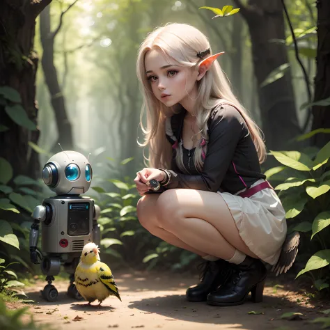 Forest nymph with her robot friend playing with the cockatiel, Rapunzel, alta qualidade, super realista, hiper detalhado, 10k.