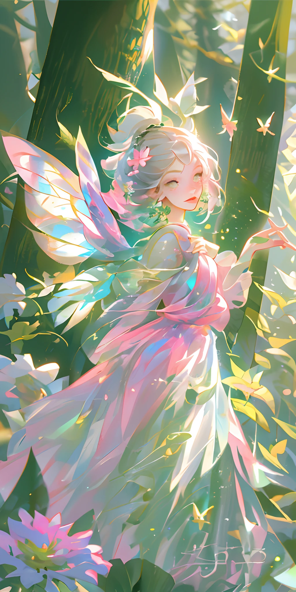 (Best Quality, Masterpiece), 1girl, Pose, Particle, Wind, Flower, Upper Body, Pink and White Color Scheme, Simple Background, Looking at the Viewer, Flower Fairy, Wings, Forest, Butterfly,