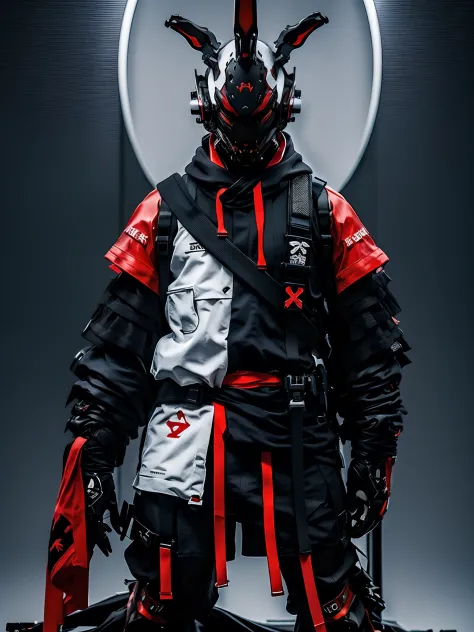 Dark fantasy full body a realistic rabbit samurai with high-resolution red, grey and black, rabbit head, tactical suit, mech details, techwear