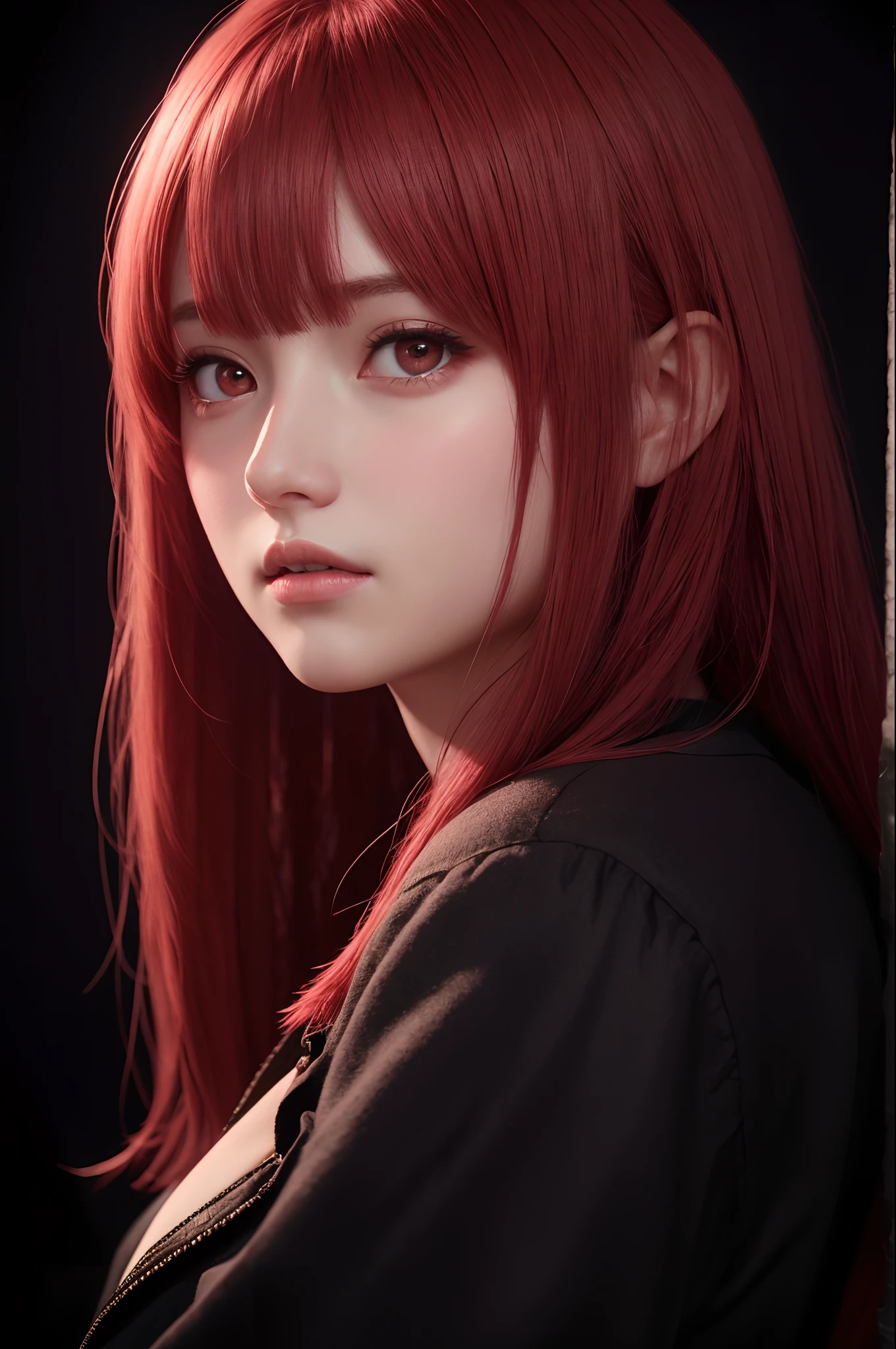 1girl in, star eye, blush, Perfect Illumination, Red hair, Red Eyes, Unreal Engine, side lights, Detailed face, Bangs, bright skin, Simple background, Dark background,