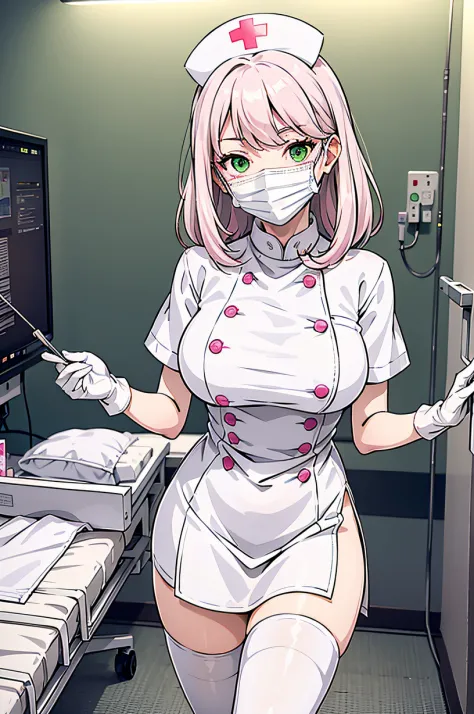1woman, nurse, nurse cap, white wear, ((white legwear, zettai ryouiki)), white gloves, drooping eyes, green eyes, pink hair, ((w...