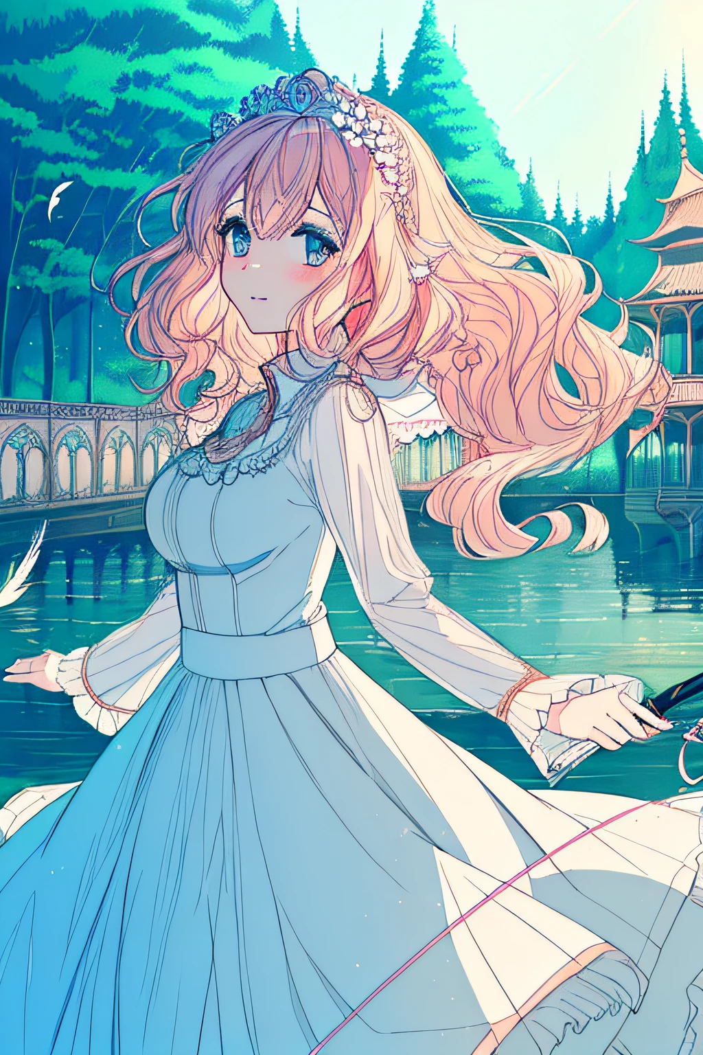 (extremely detailed CG unity 8k wallpaper),(((masterpiece))), (((best quality))), ((ultra-detailed)), (best illustration),(best shadow), ((an extremely delicate and beautiful)),dynamic angle,floating, solo,((1girl)),{long wavy curly hair},expressionless,((white idol dress)), anglesailor dress,(detailed wet clothes),silk shawl,bikini,underboob, frills,cute anime face,blush,(beautiful detailed eyes), (detailed light),feather, nature, (sunlight), river, (forest),(((floating palace))),beautiful and delicate water,(painting),(sketch),(bloom),(shine),