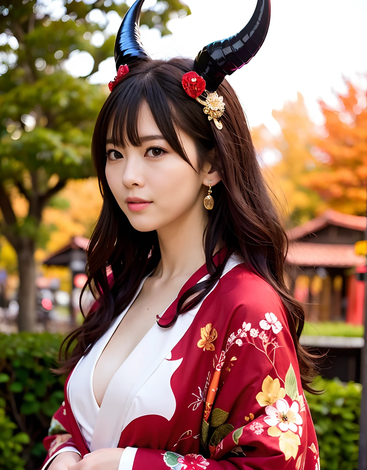 ((Mundo de oscuridad)),profesional , ​obra maestra、de primera calidad、fotos realistas , profundidad de campos 、（pose sexy）、(Arce rojo sobre fondo de plena floración),（belleza suprema）、A dark-haired、（Fondo del santuario)、（Kimono con bonito estampado.）、（fondo nocturno）、Hermoso adorno para el cabello en la cabeza.、（（Acantilados escarpados））,(Usa un hermoso kimono),（Usa un hermoso kimono with colorful floral patterns）、Arma de oro joya、partículas de luz),(Usando un sombrero de mago）、Preciosas armas de oro ,fondo del castillo、（（ Preciosa espada del dragón）） , （una noche oscura）,,（maikurobikini） 、（（Hermosa chica de pelo negro））、（fondo del castillo）、（alas demoniacas）、（（Fondo del bosque de Gangle））、Beautiful Caucasian beauty、１a person、soltura dinámica,(((Dos cuernos del diablo en la cabeza.)))、cabeza más pequeña、Sonrisa ociosa、Expresión práctica femenina delgada y hermosa.、Efectos de luz、intensos combates、Efecto viento、circulos magicos、Con la legendaria varita mágica、cola de dragón、