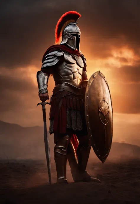 spartan warrior, dying , bloody armor, on battlefield, standing with a spear, epic, 8k