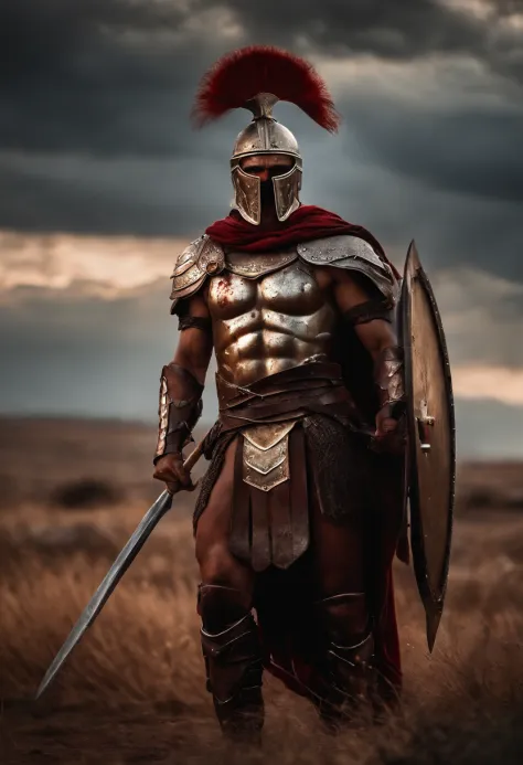 spartan warrior, dying , bloody armor, on battlefield, standing with a spear, epic, 8k