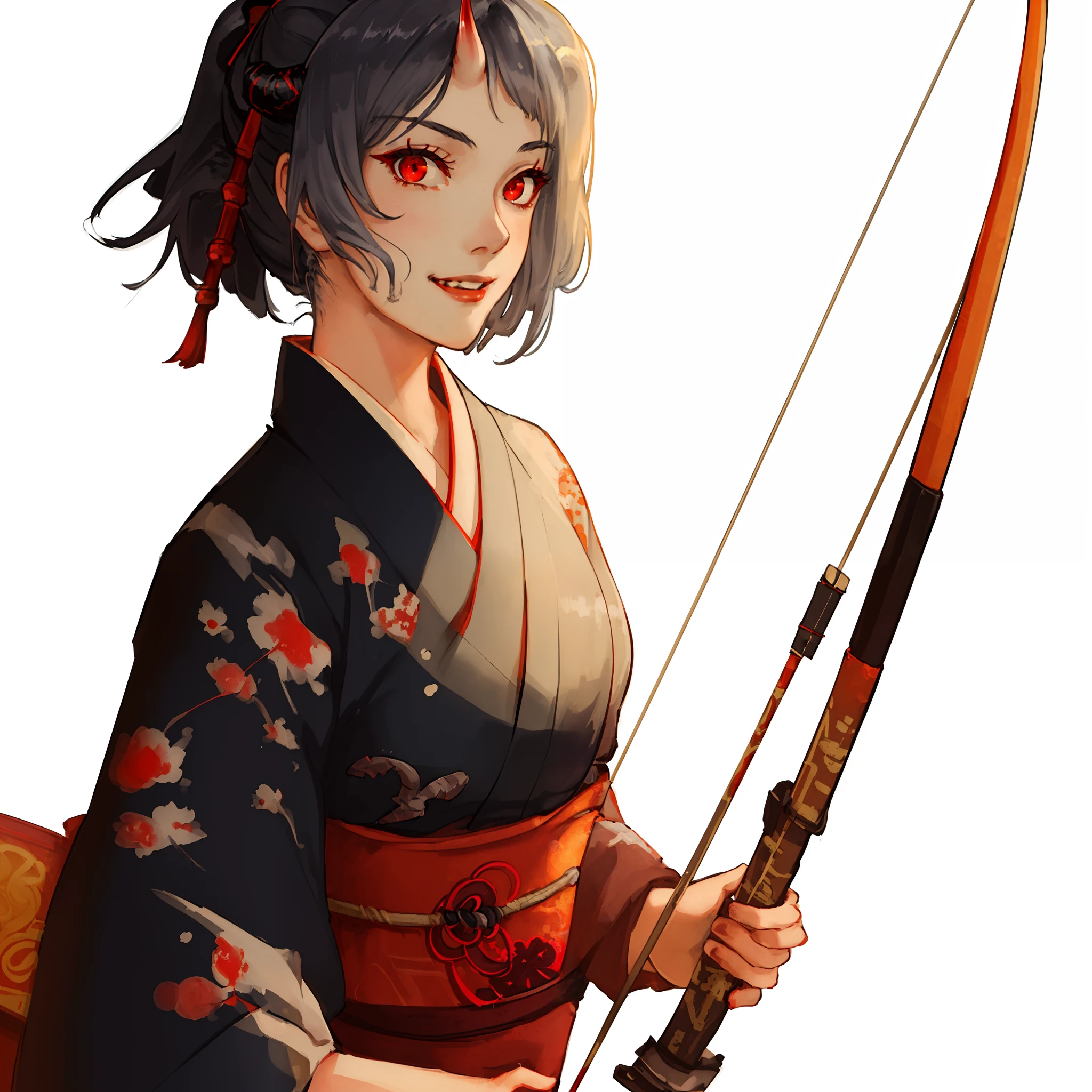 (masterpiece, best quality:1.2), (1girl, solo), 16years old, upper body, sleeveless kimono, (gray hair, ponytail), (black demon horns, red eyes), smile, normal ears, archery