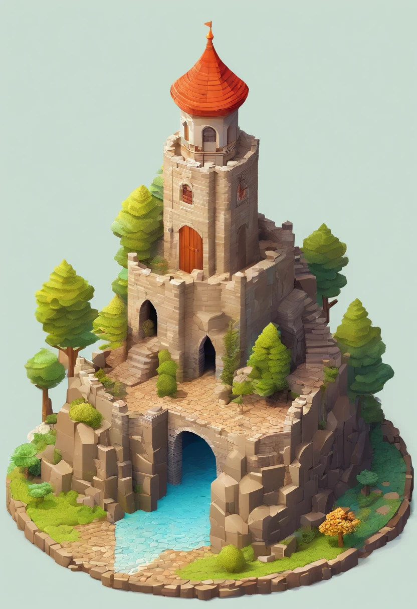 absurdres, best quality, fantasy, isometric, knolling style of (miniature brick round tower:1.2), tree, stone wall, (simple background:1.2)