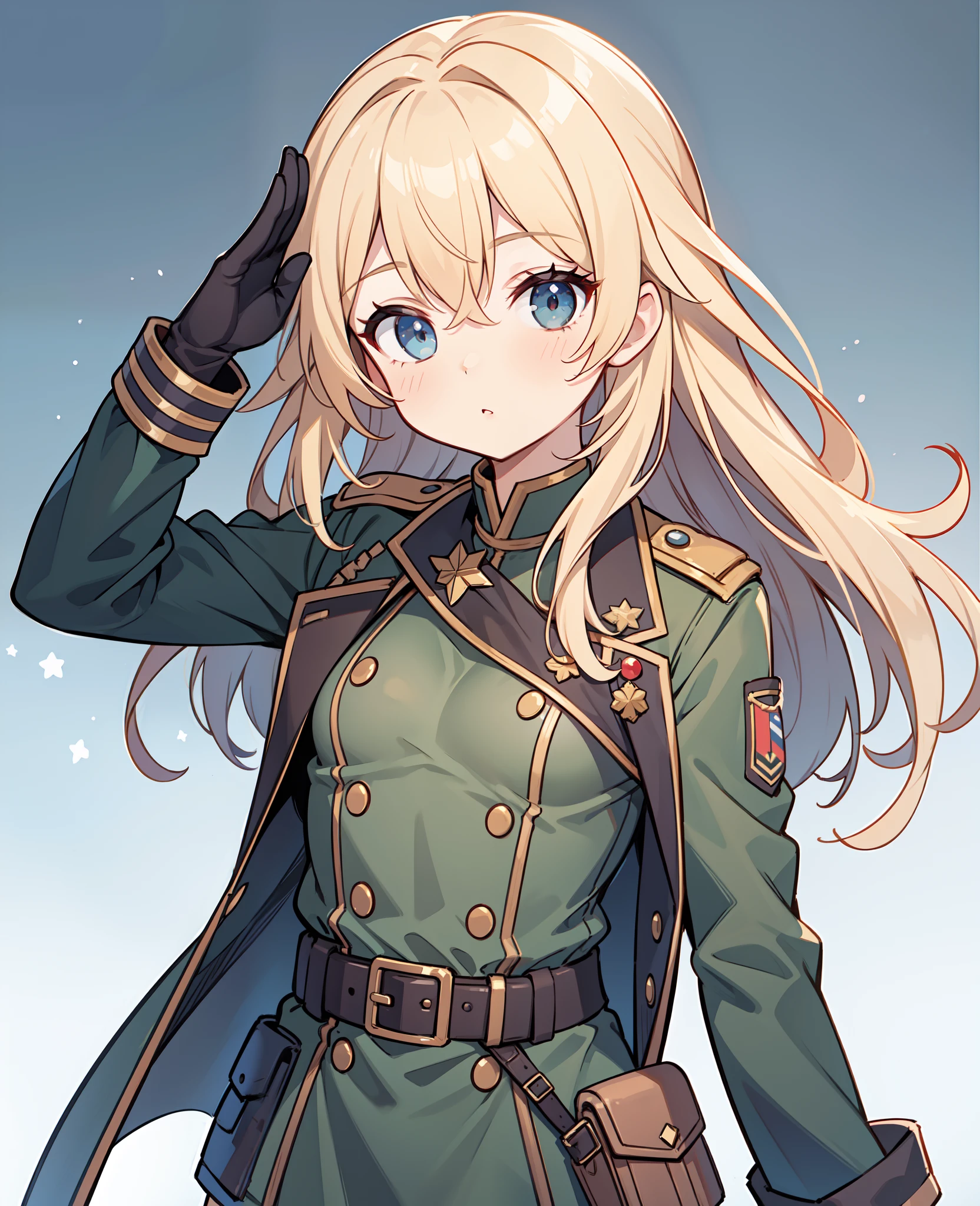 (masterpiece, best quality:1.1), 1girl solo,  tanya, 1girl, solo, petite, flat chest, small breasts, curvy, military, military uniform, salute