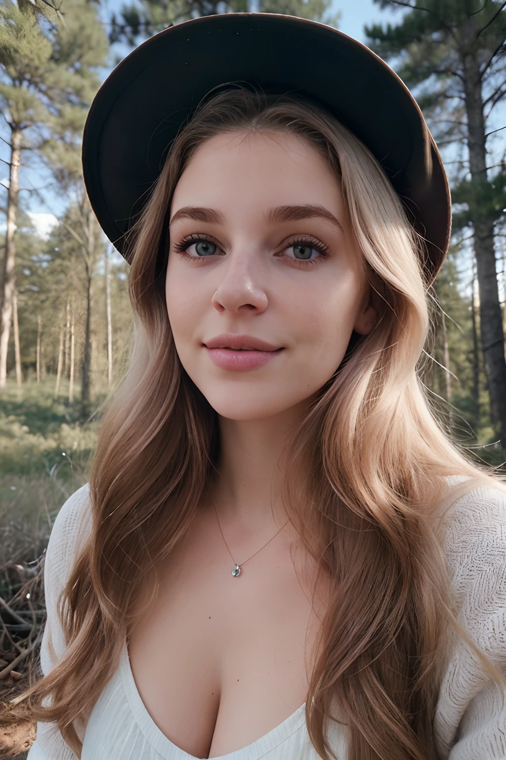 Foto Instagram, Nahaufnahme des Gesichts eines 23-Jährigen.oder Chloe, hellhäutig, (lächeln:0.4), harte Schatten, im Wald, (Schau dir die Landschaft an), sexy Outfit Dekolleté