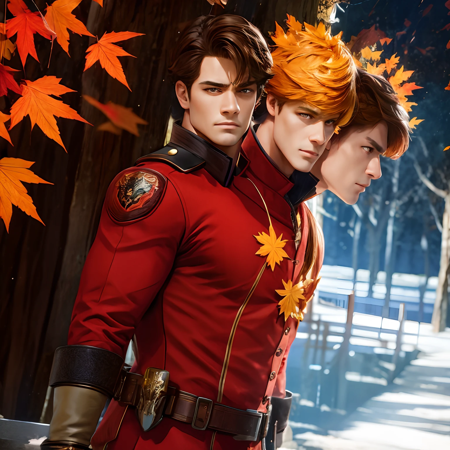 ((Masterpiece, Best Quality)), Ultra Detailed, Official Art, Unity 8k Wallpaper, Official Costume, Handsome Man, Solo, Two Faces, Two Heads, Age Different Faces, Shiny Skin, Sparkling Pupils, Hair Pick Dyed Red, Daytime, Background is Fire Red Maple Forest, Maple Leaf, Riverside, Wooden Bridge, Aesthetic, (upper_body)