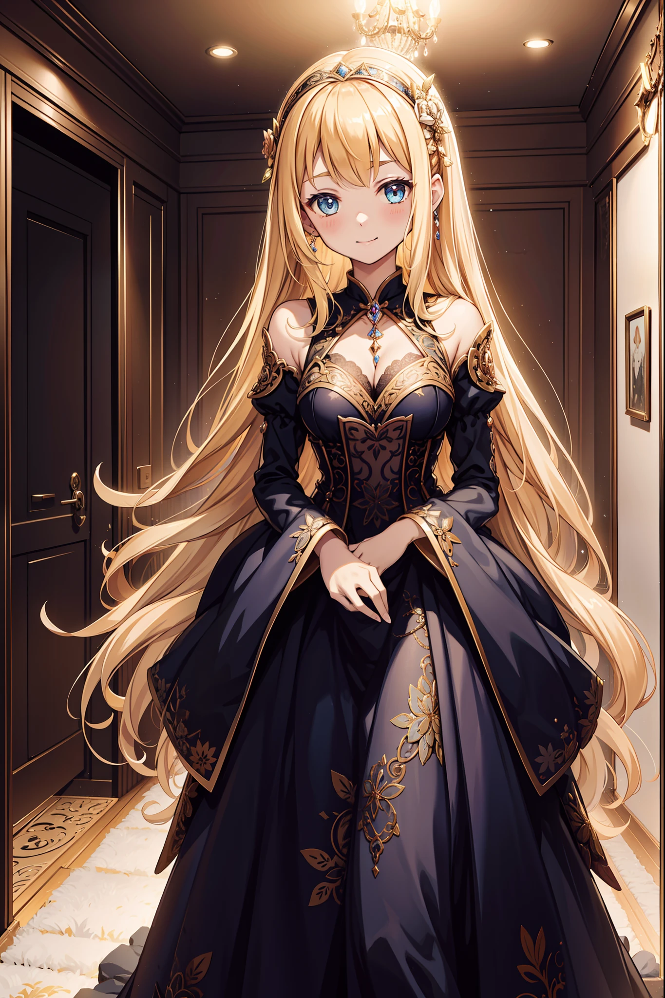 teens girl，divino，Enchanted，having fun，Being in love，blond hairbl，Dark color dress，transparent costume，intricate detailed clothes，Pattern，Princess headband，A small amount of lace，swim wears，dining room，solo person，the night，