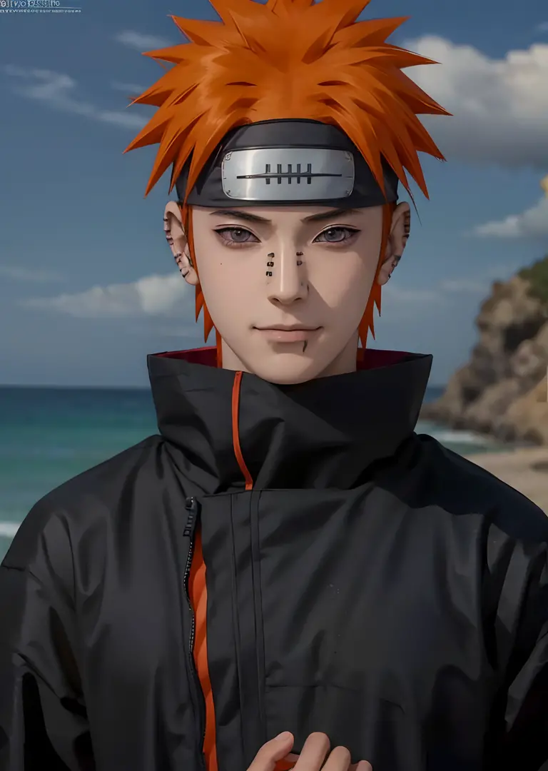 1male, yahiko in anime naruto, short hair , orange hair, black eyes, handsome, smile, black clothes, realistic clothes, detail clothes, beach city background, ultra detail, realistic
