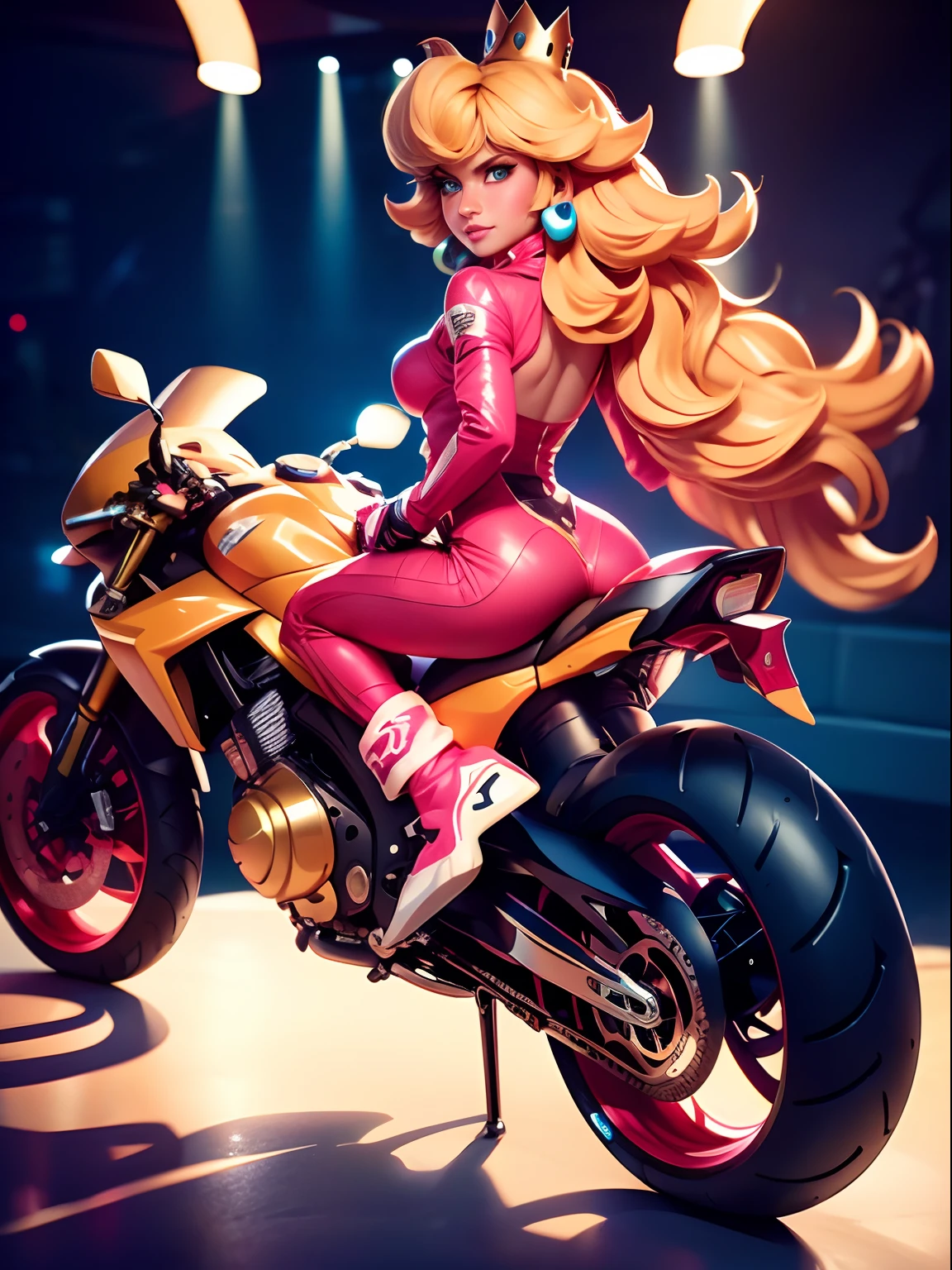 Araffe dressed in pink riding on a motorcycle in a showroom - SeaArt AI