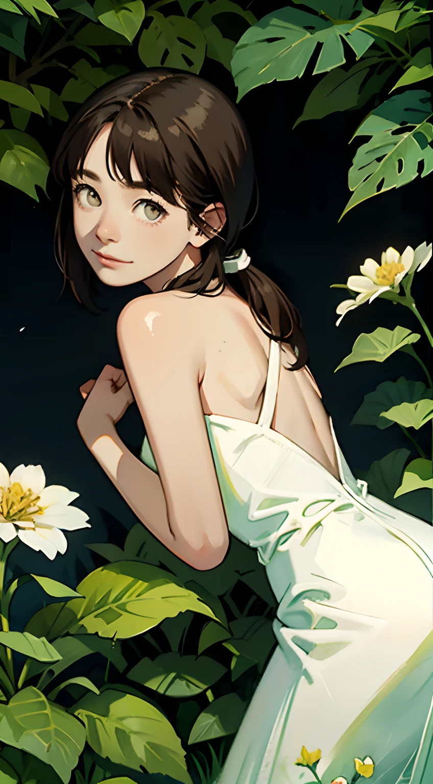 （hyper HD），（ ultra - detailed),beautiful  flowers,berries,fern,Foliage,Watercolor pattern in calm colors),(Watercolor texture),  （The background is surrounded by flowers in the jungle），（girl with fair skin），（Gentle girl），（white dresses），（Brown eyes, Brown hair）、（With a ponytail），（Look back and smile）