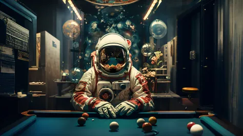 Arafeld astronaut in a spacesuit playing billiards with a pool cue in a  dark bar, Astronaut, fully space suited, lonely astronaut, wear spacesuits  - SeaArt AI