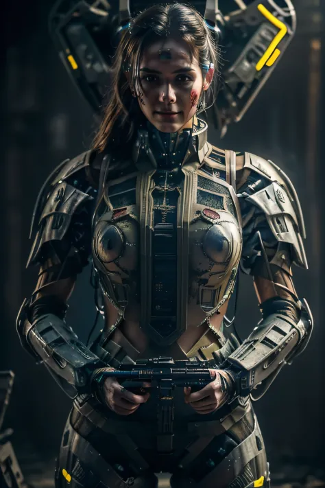 Postapocalyptic combat scene with a Beautiful hyperrealistic photograph of cute Young Swedish Woman with Runic tattoos, ((dirty face Blood splattered)), (((wearing full heavy mecha armor, combat harness, Neon highlights))) Short Red Dreadlocks, combat pose...