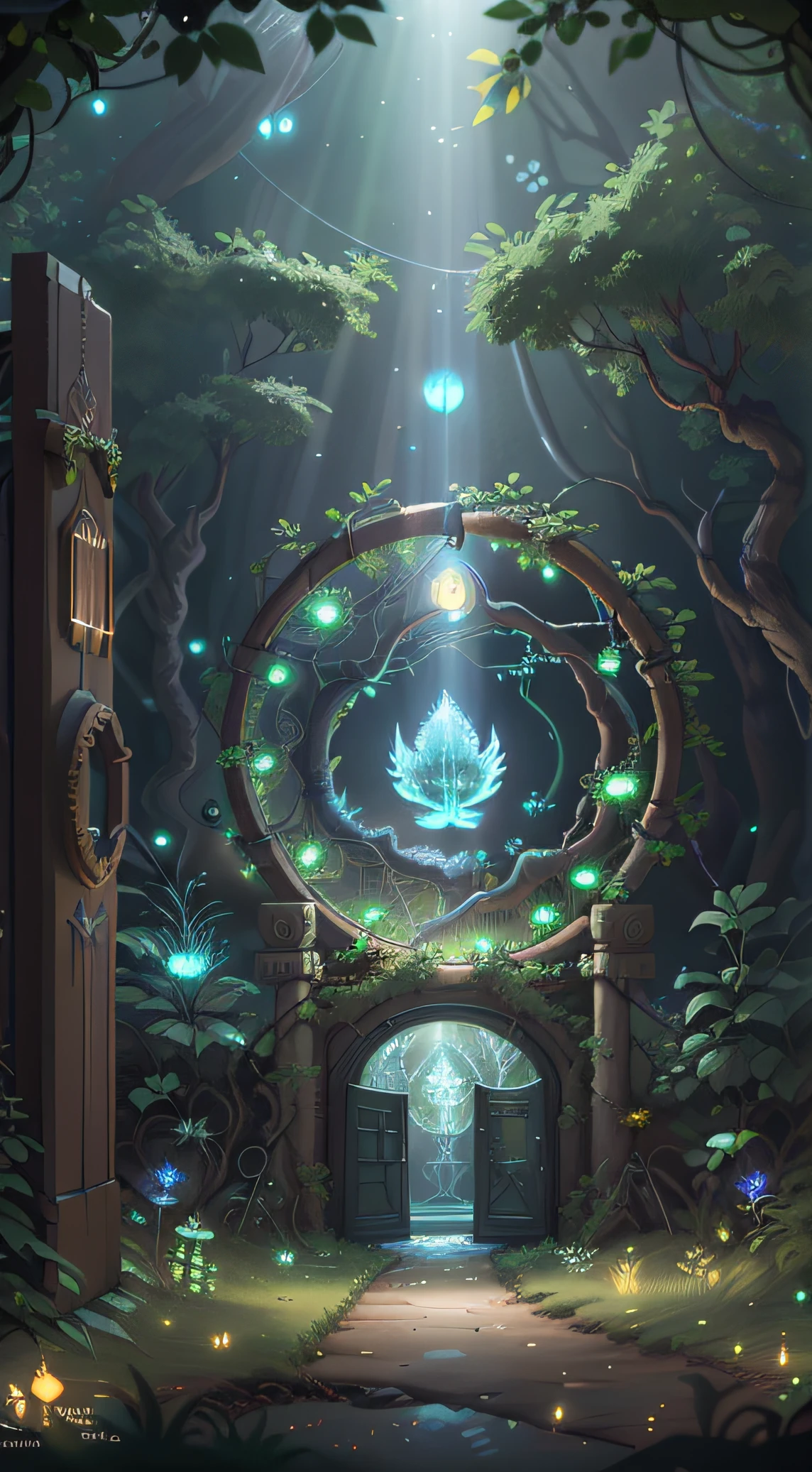 (Digital Artwork:1.3) of (Sketched:1.1) octane render of a mysterious dense forest with a large (magical:1.2) gate (portal:1.3) to the eternal kingdom, The gate frame is designed in a round shape, surrounded by delicate leaves and branches, with fireflies and glowing particle effects, (UI interface frame design), (natural elements), (jungle theme), (square), (leaves) , (twigs), (fireflies), butterflies, (delicate leaves), (glow), (particle effects, light engrave in intricate details, (light particle:1.2), (game concept:1.3), (depth of field:1.3), global illumination,Highly Detailed,Trending on ArtStation