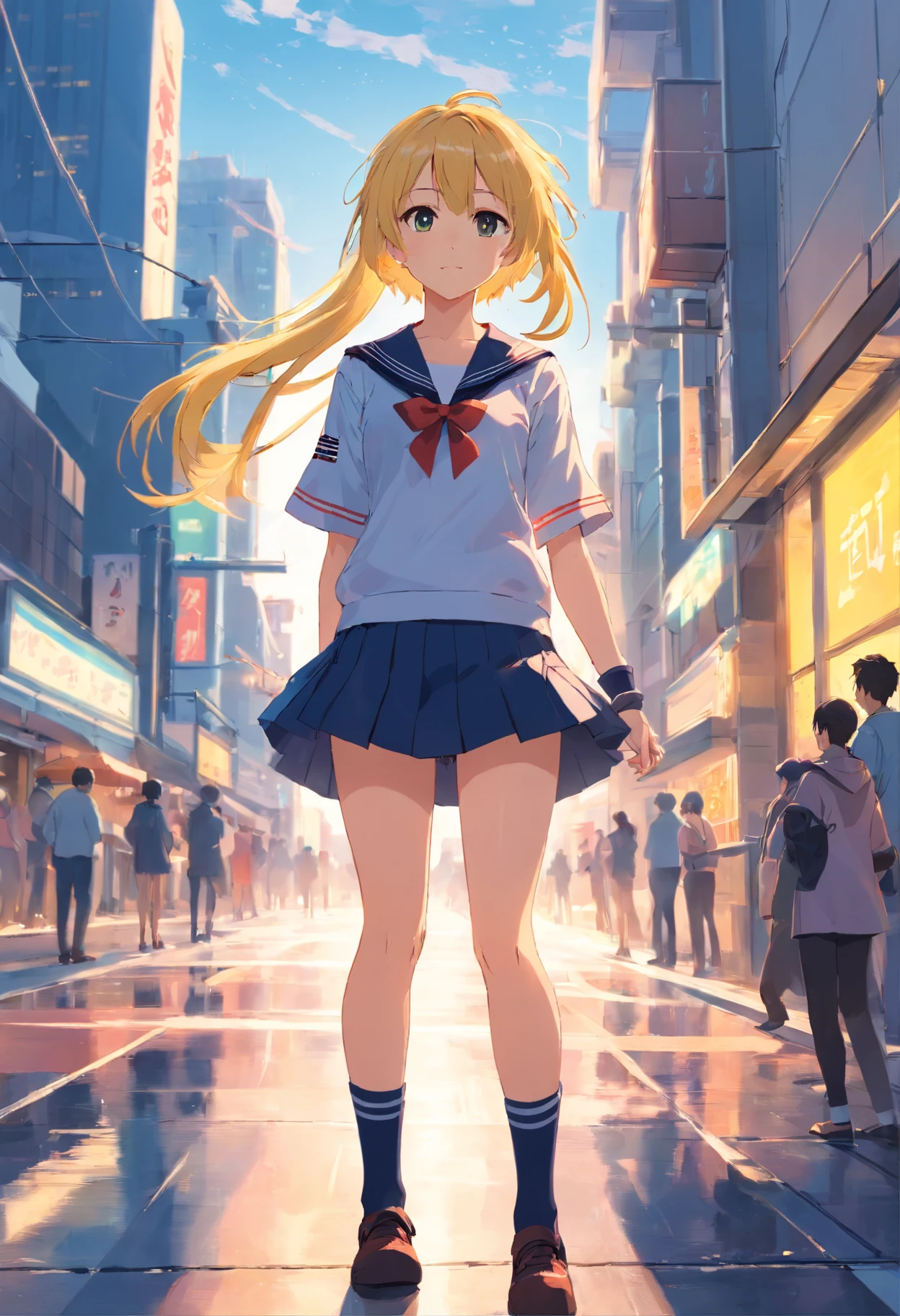 Anime girl in a short skirt standing in a city street - SeaArt AI