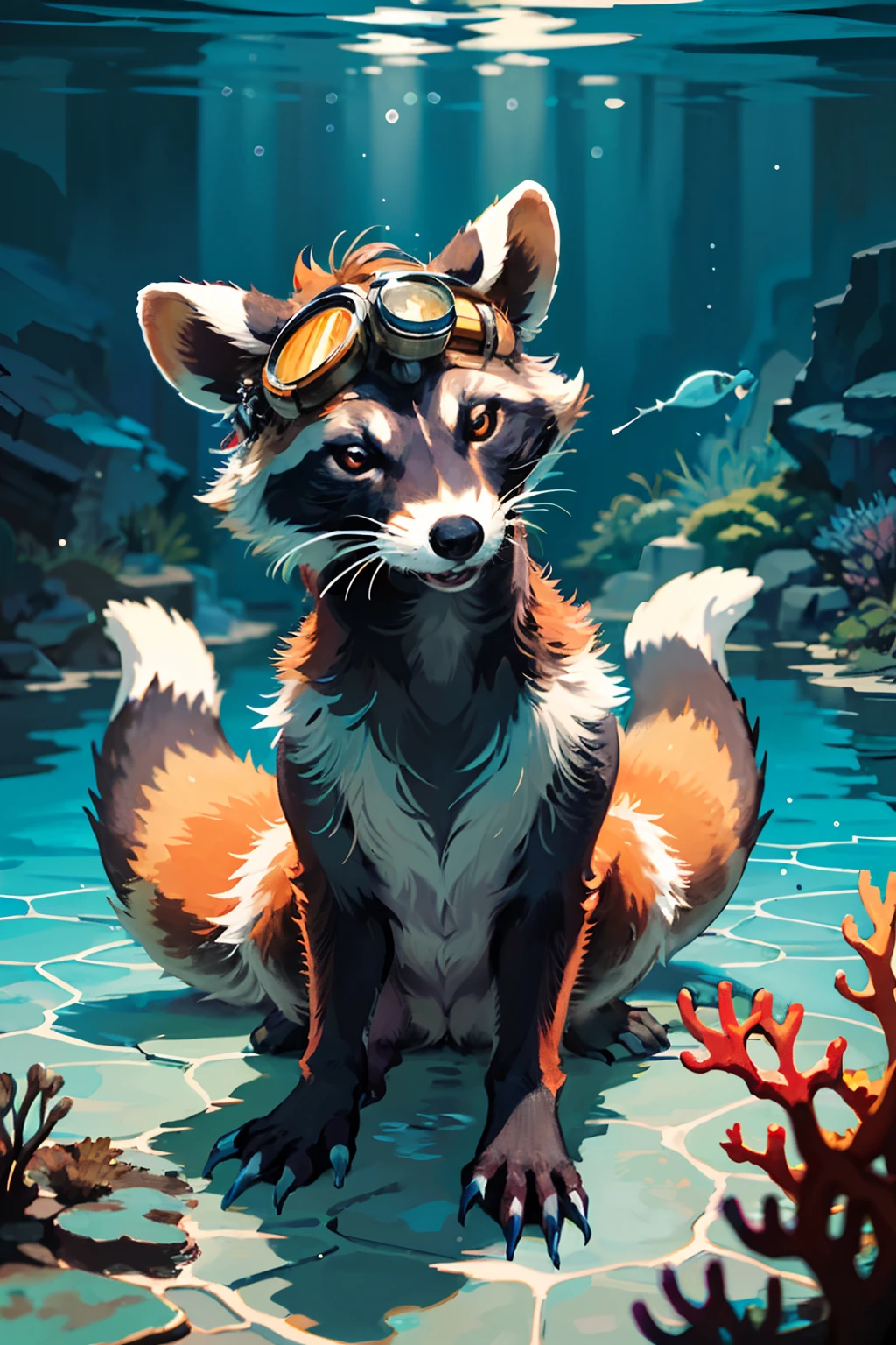 (best quality,4k,8k,highres,masterpiece:1.2),ultra-detailed,(realistic,photorealistic,photo-realistic:1.37),raccoon in the underwater world, colorful bubbles,bright colors, underwater lighting, vibrant marine flora and fauna, playful raccoon swimming gracefully among the coral reefs, radiant sunlight penetrating the crystal-clear turquoise water, mesmerizing shimmering water reflections, the raccoon adorned with a waterproof diving goggles and a snorkel tube, adorable paws gracefully navigating through the water, iridescent bubbles surrounding the raccoon as it explores the enchanting underwater kingdom, vibrant hues of orange, purple, and blue blending harmoniously, coral formations embellished with a multitude of textures and vivid colors, tiny schools of tropical fish darting through the sea, the raccoon's mischievous eyes filled with curiosity and wonder, soft rays of sunlight casting a warm glow on the underwater scene, the tranquil environment creating a peaceful and serene atmosphere, a sense of tranquility and adventure intertwined in the underwater world.