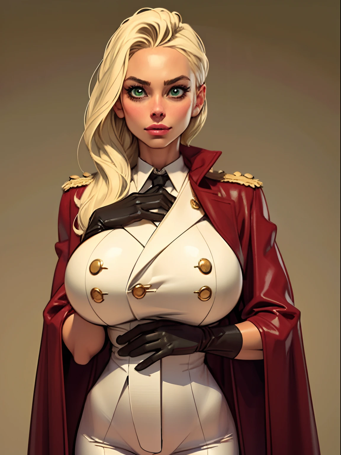  young adult girl, Tall stature, little chest, closed mouth, japanese appearance: Green eyes; blond hair; sharp facial features; dimple on the chin; Straight nose; high nose; pronounced high cheekbones; high forehead, stands upright, (gigantic breasts:1.4), detailed face, military uniform:  double-breasted overcoat; pants, Full-length painting, leather gloves