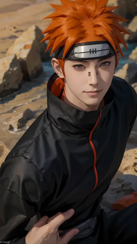 1male, yahiko in anime naruto, short hair , orange hair, black eyes, handsome, smile, black clothes, realistic clothes, detail clothes, beach city background, ultra detail, realistic