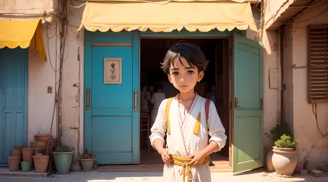 A heartwarming retro anime-inspired of a young boy from Tunisia looking at the camera, wearing Tunisian's traditional clothing, style of Studio Ghibli and Hayao Miyazaki. Tunisia distinct detailed facial features. Tunisia Tunisian. The scene showcases his ...