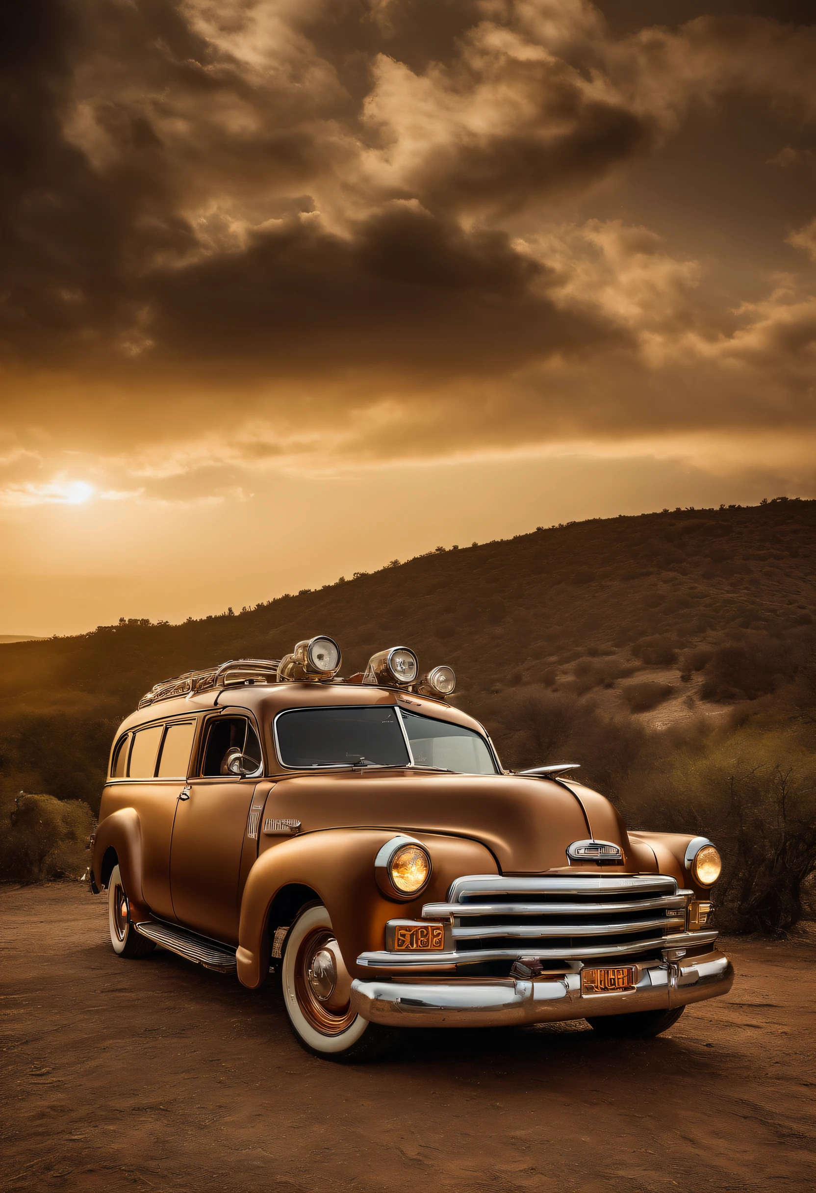 1952 GMC Suburban Carry All Wagon, long chasis, classic, Steam punk, Salvador Dali, Hyperrealistic, Unreal engine, Front light, Uplight, Wide-Angle Shot, Leica, Golden hour, Symmetrical, ISO800, Full HD --q 2 --ar 16:9 --v 2