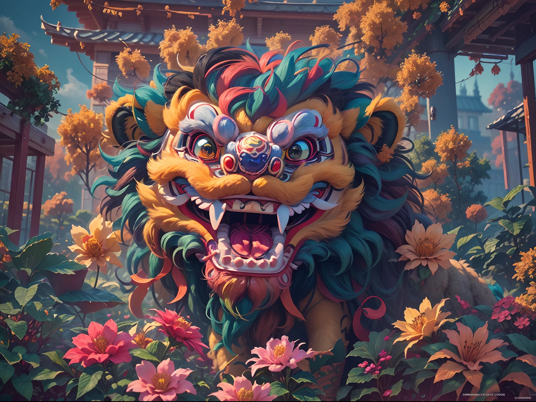 (Best Quality), (Masterpiece), (Detailed), (Lion Dance: 1.4), (intricate oil painting details: 1.2), inspired by Park Wah, details and vibrant colors, highly complex and colorful, epic original photos, high details, in Madrid, lush grasslands, smoke filled conditions, isometric column projection 360, art, comfort, Etherpunk, split lighting, 35mm, deep indigo neon tones, bright design, floral patterns, Popular on art stations, octane engine, 8K resolution