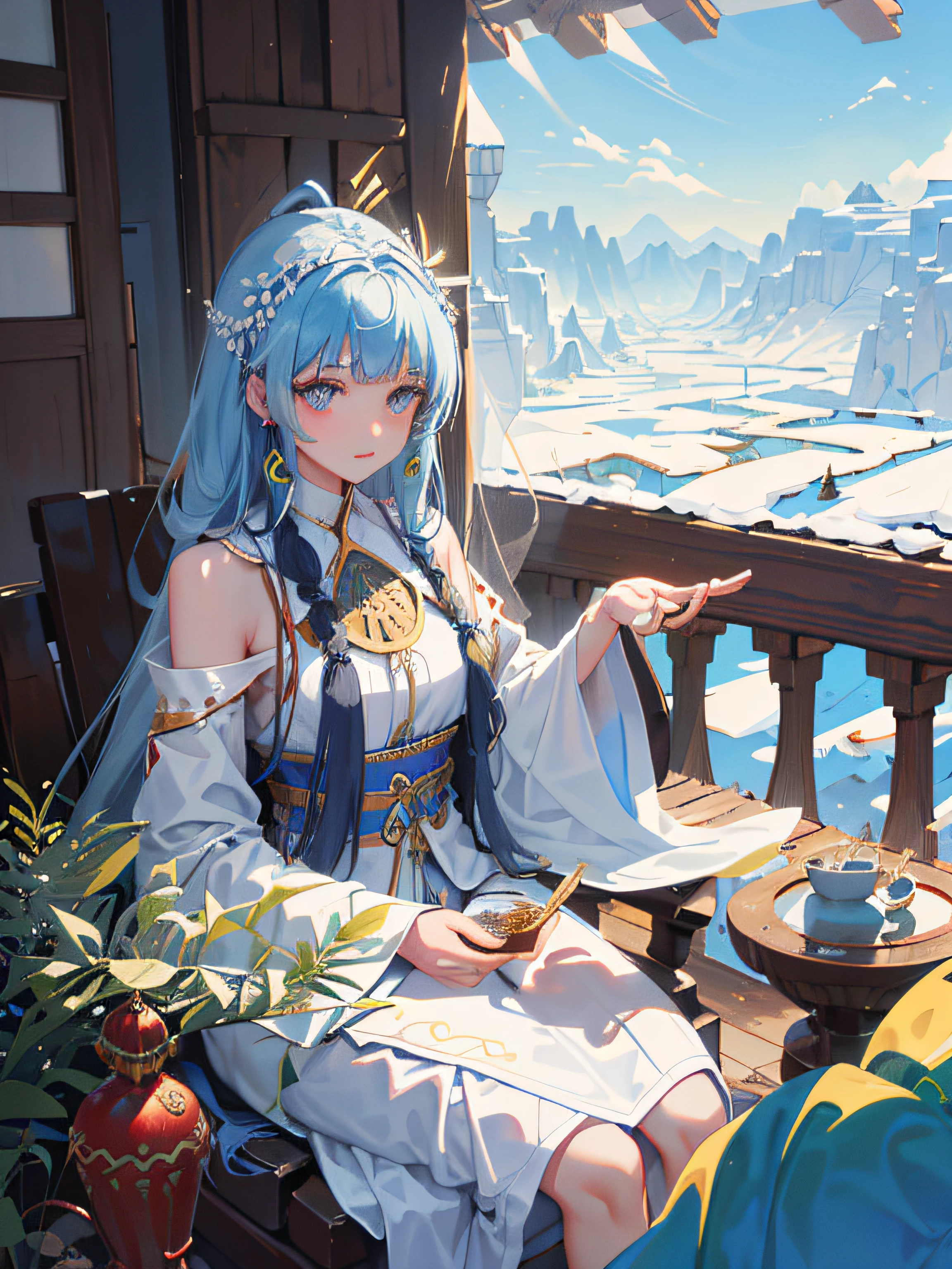 Anime girl sitting on a balcony with a cup of tea - seaart ai