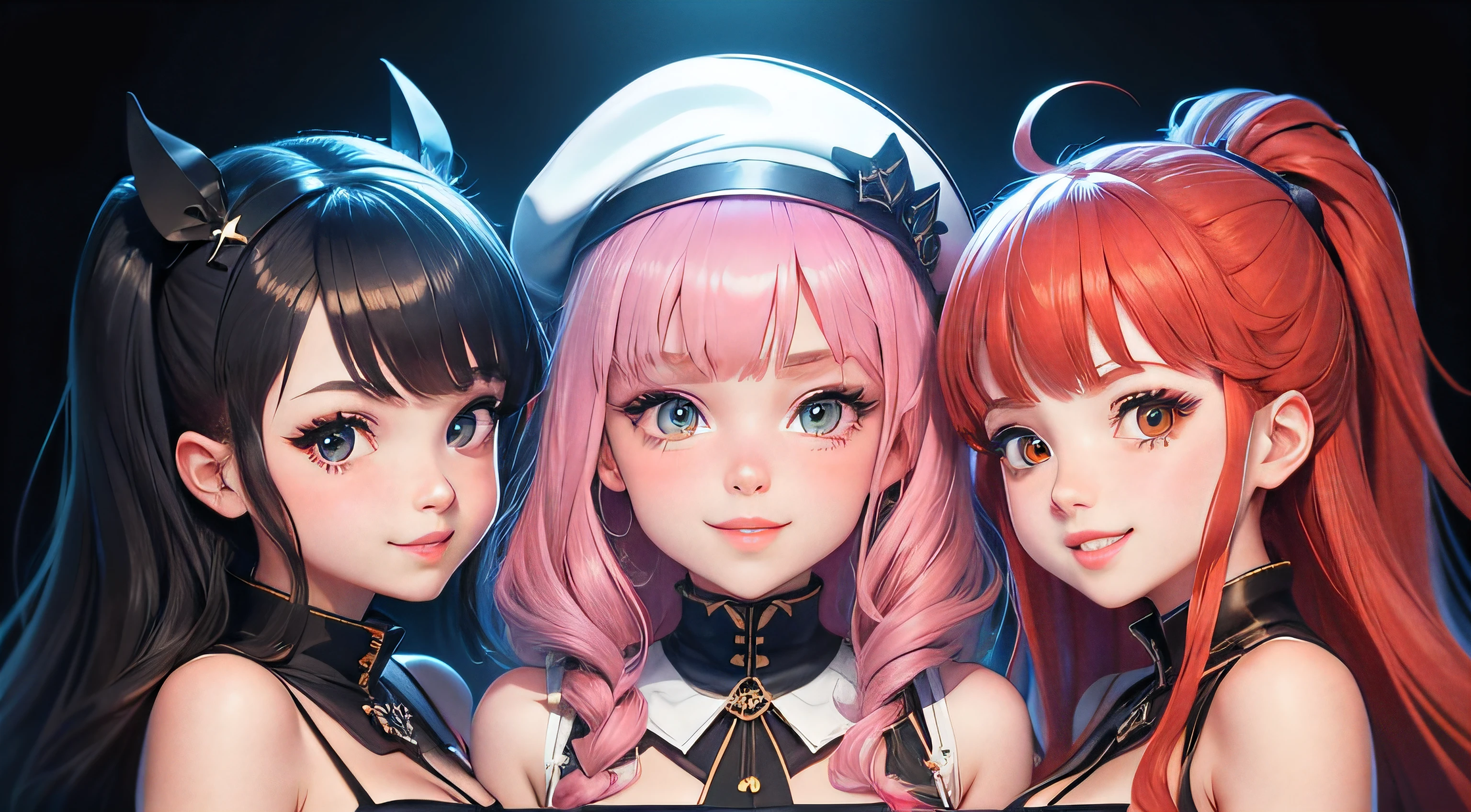 Three anime girls with long hair and pink hair posing for a picture -  SeaArt AI