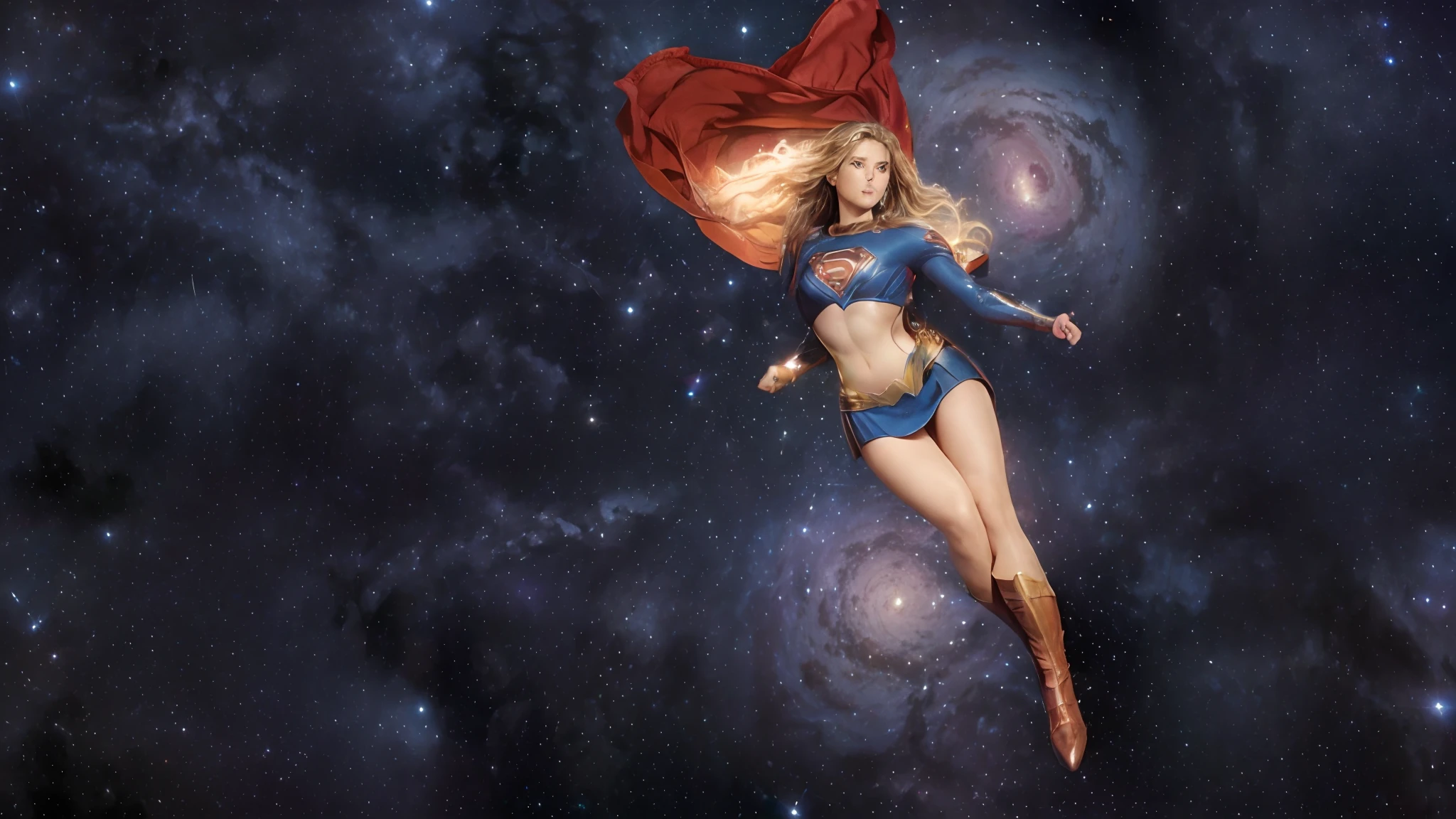 um close up de uma mulher voando pelo ar com uma capa vermelha, Supergirl, Menina do poder, powerful woman sitting in space, female superhero proportions, super-hero girl, pose do super-homem, no estilo travis charest, Emma Watson como Supergirl, Amazing, Superheroíne, sem texto, Super Modelo, Directed by: Dave Kendall, female ascending into the sky, Gal Gadot como Supergirl