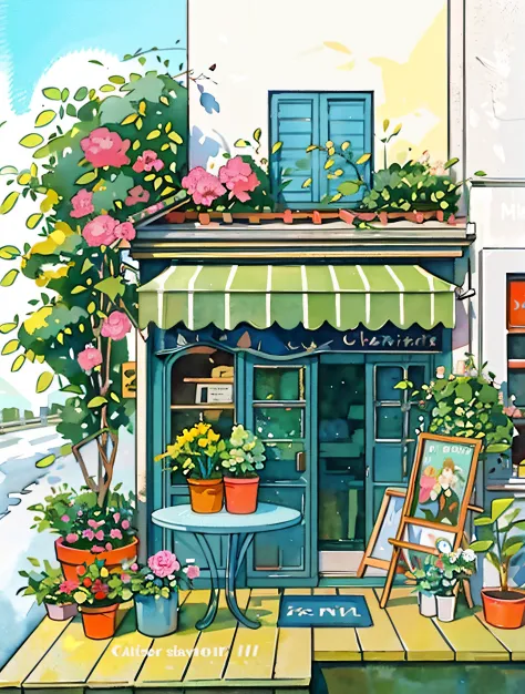 There is a painting of a florist，There are tables and chairs inside, flower shop scene, Watercolor illustration style, Watercolor painting style, cozy cafe background, painting illustration, Flat color, Anime background art, vignette illustration, shop fro...