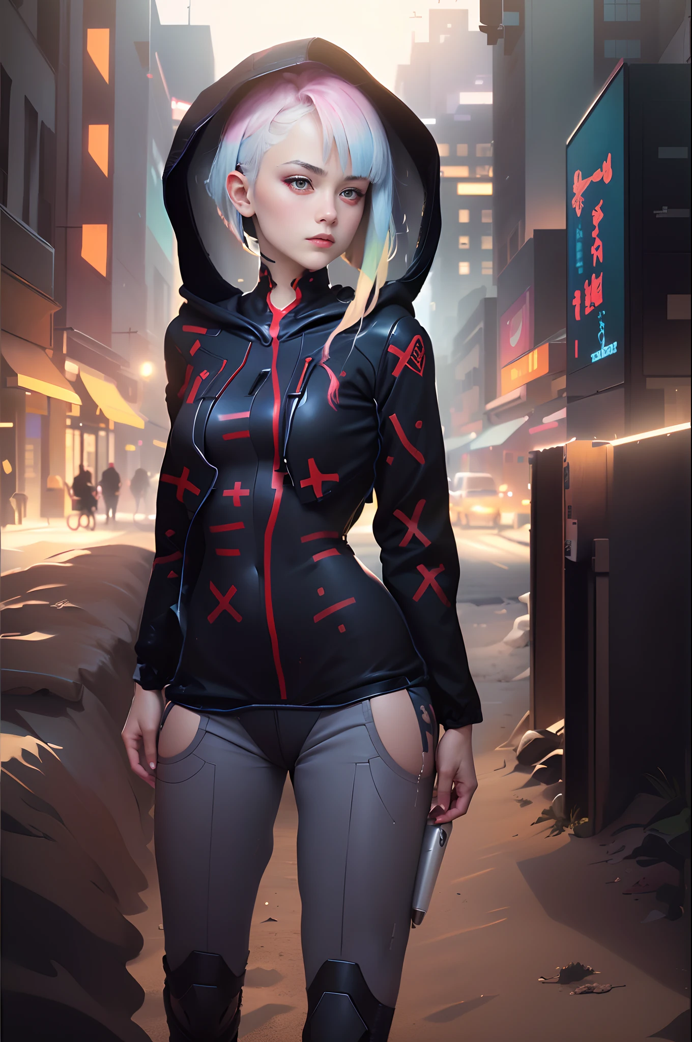 masterpiece, best quality, award-winning, lu1, cyborg, multicolored hair, makeup, black leotard, highleg leotard, (red pants: 1.1), hood, red coat, "+" "×" "÷" symbol print "=", wearing hoodie, baggy pants, cowboy shot, cyberpunk, standing, slightly crouched, desert,