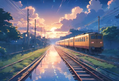 High quality masterpieces, landscapes, clouds, anime train passing water bodies on railway tracks in the distance, bright starry sky. traveler, romantic lights, pixiv, concept art, lofi art style, reflection. Makoto Shinkai, rophy art, beautiful anime scen...