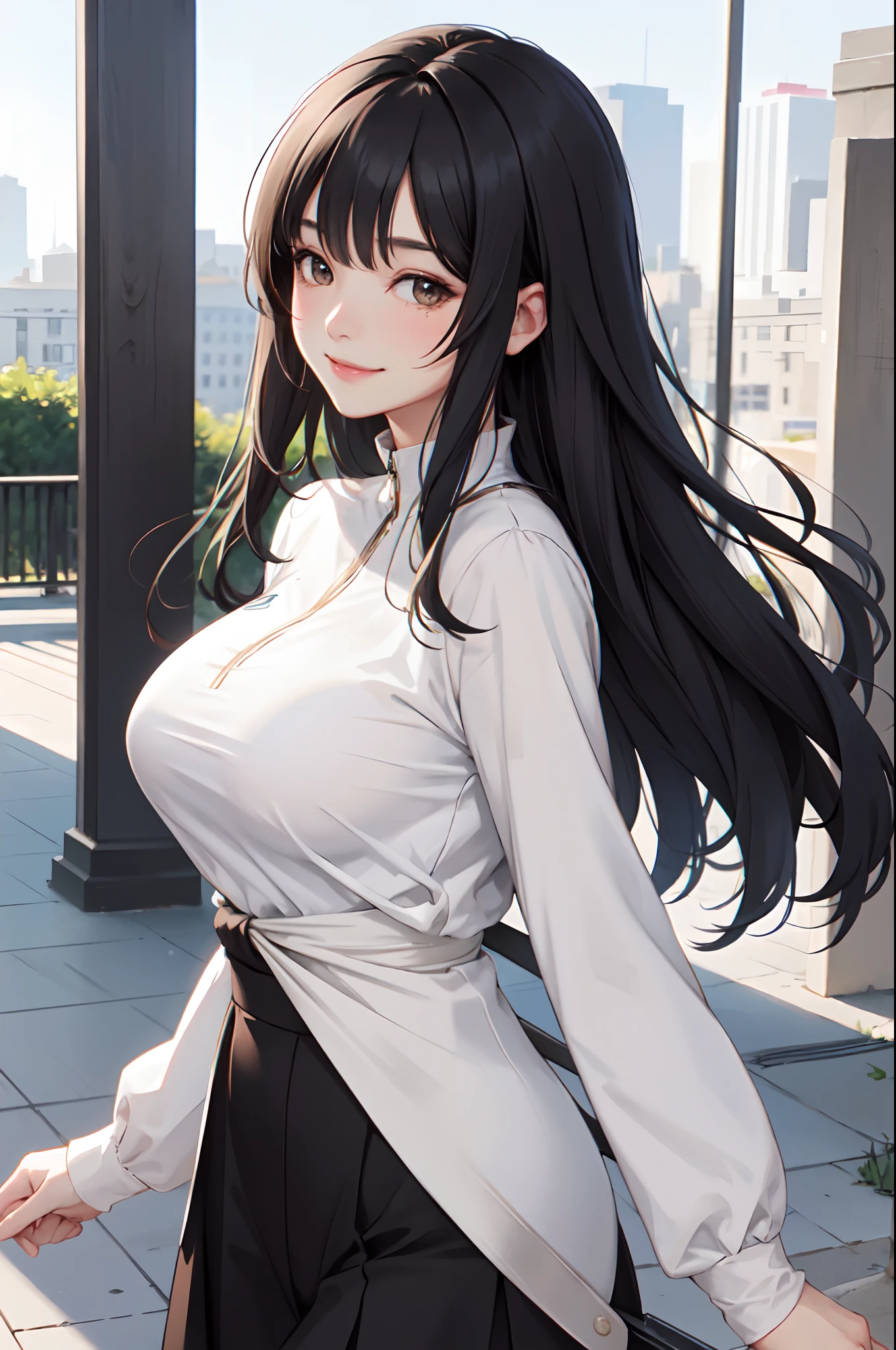 Anime girl with long black hair and white shirt posing for a picture -  SeaArt AI