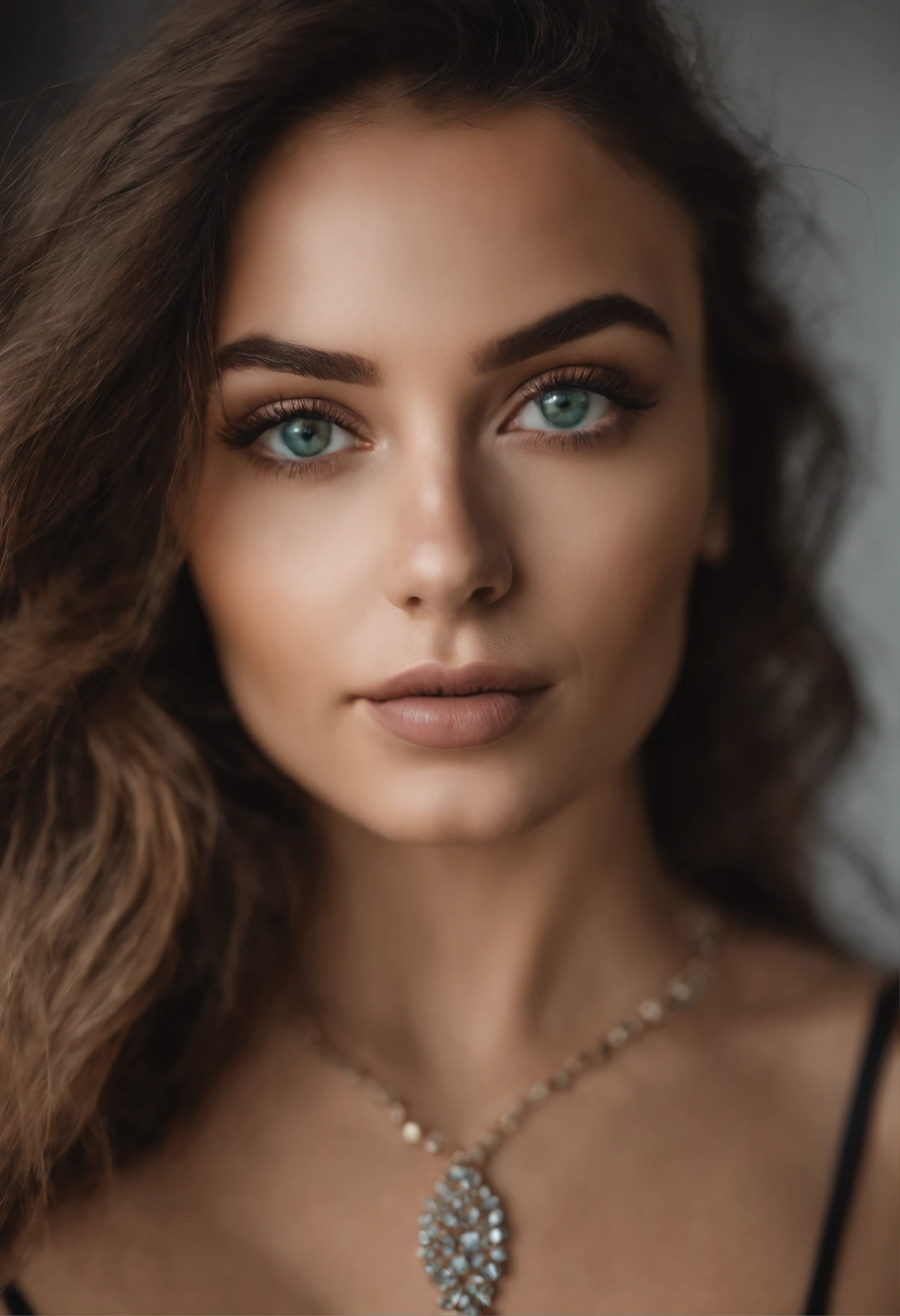 Arafed woman with a white tank top and necklace, fille sexy aux yeux verts, Portrait Sophie Mudd, cheveux bruns et grands yeux, selfie of a young woman, Yeux de chambre, Violet Myers, sans maquillage, maquillage naturel, looking straight at camera, Visage avec Artgram, Maquillage subtil, stunning closeupheadshot, piercing green eyes, with boobs, naked