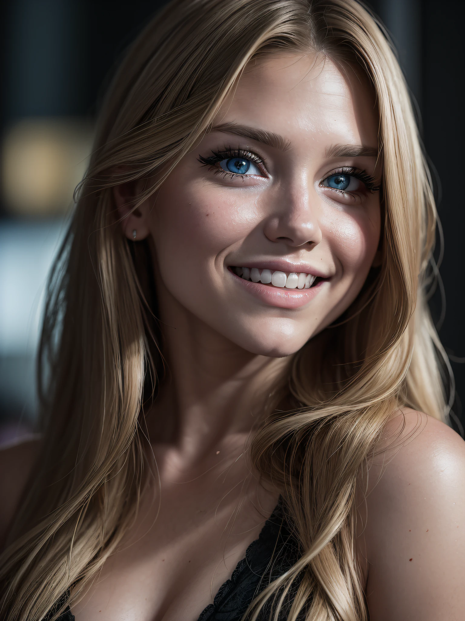 A close up of a woman with long blonde hair and blue eyes - SeaArt AI