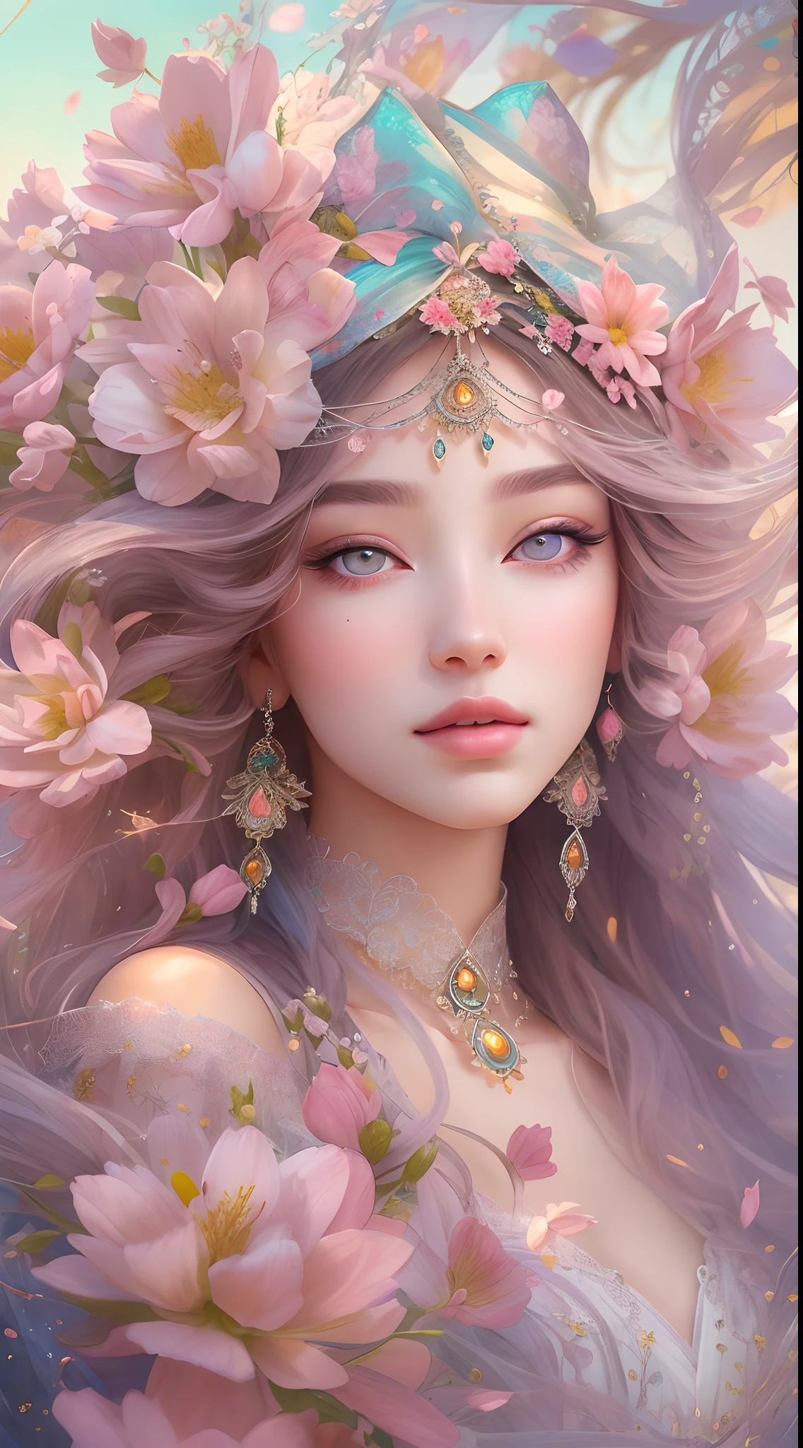 The colors in this image are soft and draw inspiration from gentle watercolors and should be primarily pink. Generate a delicate and tranquil flower princess with soft hair dancing in the wind and intricately braided. Her sweet face has puffy, kissable lips and stunning, highly realistic eyes. She has beautiful eyes, hires eyes, 8k eyes, beautiful detail eyes, beautiful detailed eyes, realistically shaded eyes, and realistic eyes in vibrant colors. She is wearing delicately detailed fabric of gossamer silk and satin. Small pink gemstones and cream pearls detail her clothing. She sits in the midst of the most beautiful meadow in the world and is surrounded by beautiful flowers of varying sizes and colors. The background is wild and unruly, with delicate flowers dancing in the wind and creating a dynamic and compelling image. An ornately flowered headdress adorns her head and soft petals fall around her. The flowers are realistic and very detailed and come in different shapes and sizes, some with iridescence and others with varying shades of pink and blue. Include a soft watercolor sky. The background is wild, with delicate flowers dancing in the wind and colorful pollen filling the air. Include realistic hair and skin texture. Include fantasy details, enhanced details, iridescence, colorful glittering wind, and pollen. Pay special attention to her face and make sure it is beautifully and realistically detailed. The image should be dreamy and ethereal. Include intricate fantasy details. 8k, intricate, elegant, highly detailed, majestic, digital photography, art by artgerm and ruan jia and greg rutkowski surreal painting pearl butterfly filigree, flower petals, (masterpiece, finely detailed beautiful eyes: 1.2), hdr, realistic skin texture, ((ornate)), ((intricate)), ((fantasy00d:1.2)), rays of light, (add details), (add more details), highly detailed, ornate flowers, dew drops, sunlight, rays of sun