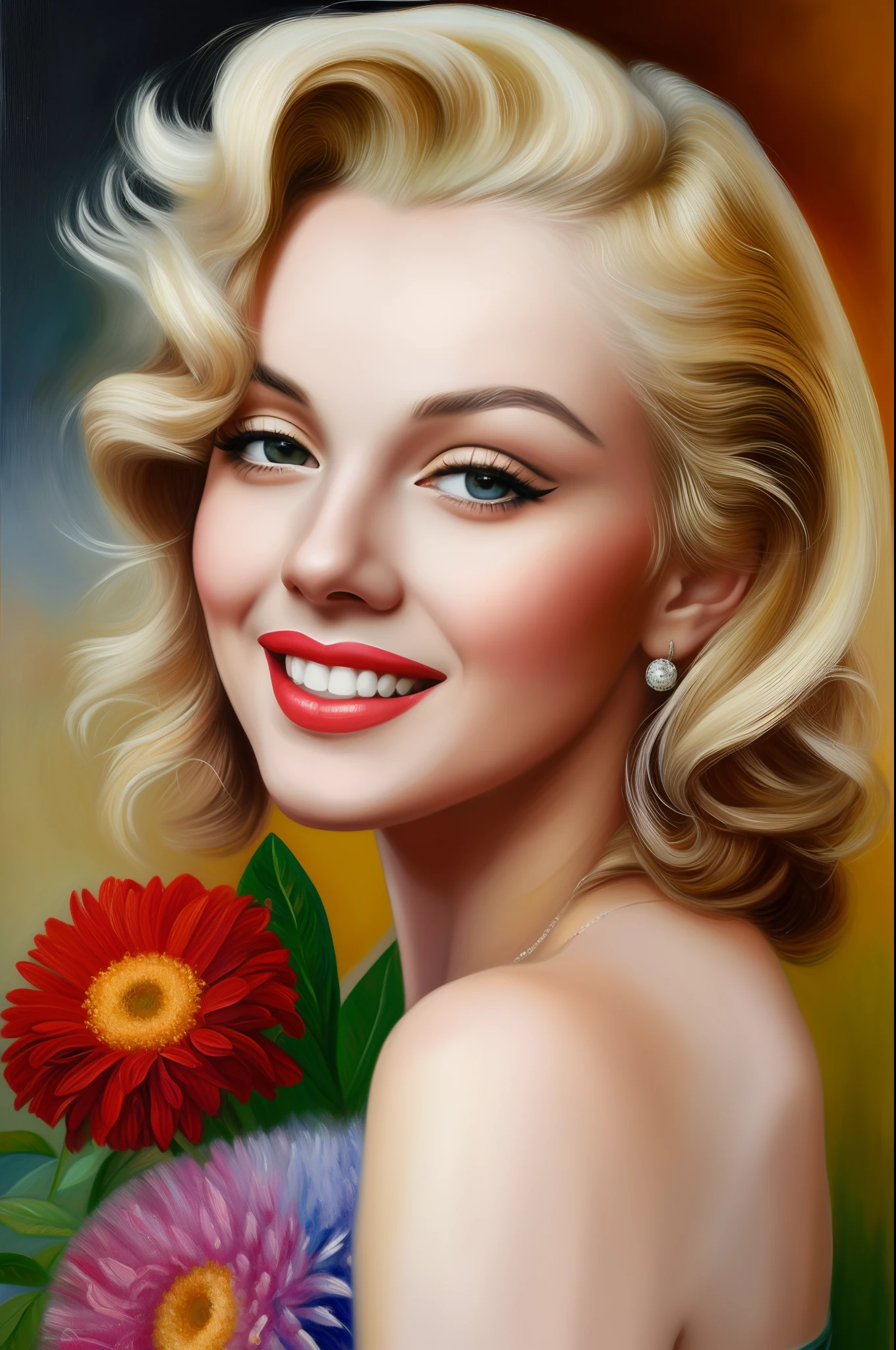 (masterpiece), (best quality: 1.1), (ultra-detailed), best illustration, finely detailed, (oil painting: 1.4), (hand-painted: 1.2), (oil paint brush hair), bouquet consisting of field flowers, artistic portrait painting of Marilyn Monroe, bare shoulder. A close up of beautiful face painting, detailed eyes, gentle smile.